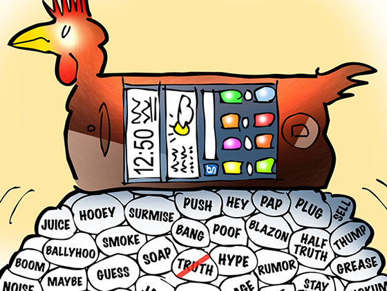 detail of illustration cell phone as chicken laying Twitter and social media eggs fostering rumor gossip opinion sound bites but not truth