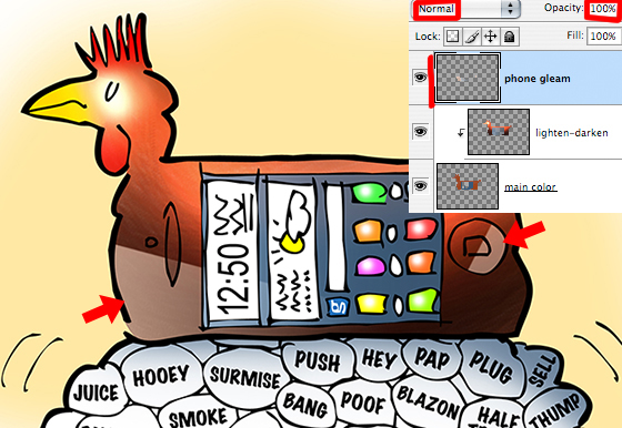 cell phone as chicken laying Twitter and social media eggs light reflection glare applied to selected areas on separate layer using Gradient tool set to Color Dodge mode