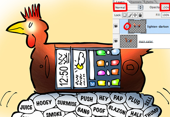 cell phone as chicken laying Twitter and social media eggs light and dark shading effects applied on separate clipped layer using brush set to Multiply, Screen, Burn, Dodge