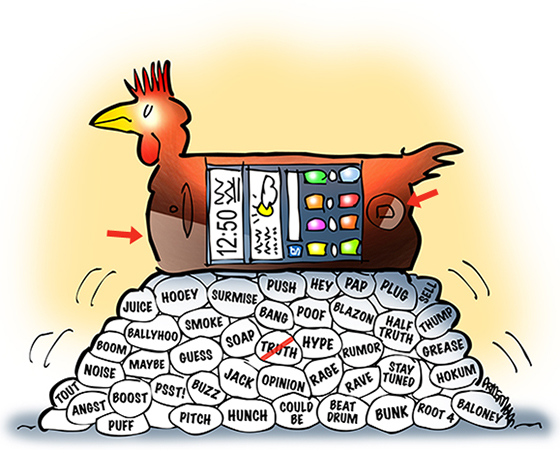 cell phone as chicken laying Twitter and social media eggs red arrows indicating light glare reflection off phone applied with Color Dodge gradient in Photoshop