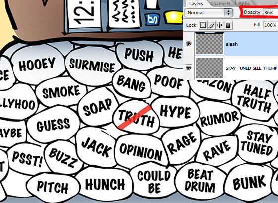 social media eggs detail showing red slash thru word truth with Photoshop Layers window indicating opacity reduced to 86% so can read word being crossed out