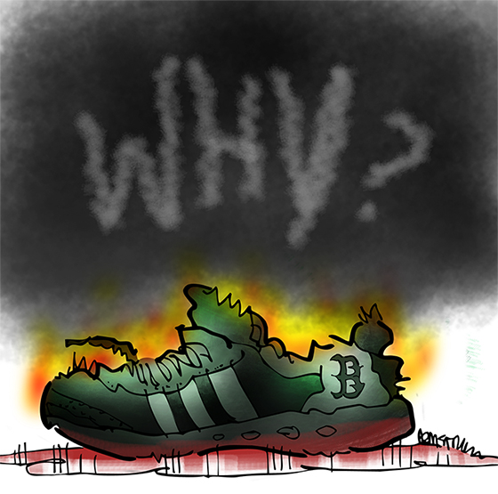 Boston Marathon bombing running shoe with word Why hand drawn in cloud of black smoke