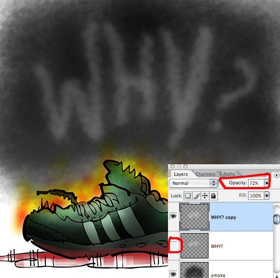 Boston Marathon bombing running shoe with Layers Window showing revised word Why in black smoke