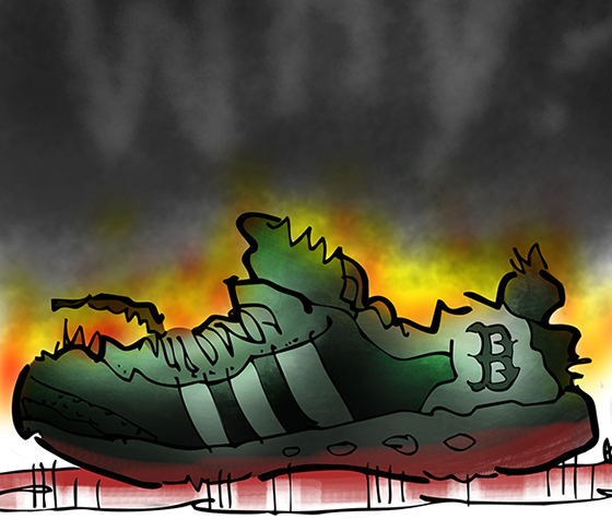 detail of illustration about terrorism and Boston Marathon bombing charred running show burning in pool of blood tiny flames with word Why in cloud of black smoke
