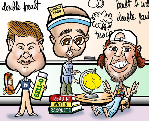 caricatures of American tennis stars Andy Roddick, James Blake, Robby Ginepri