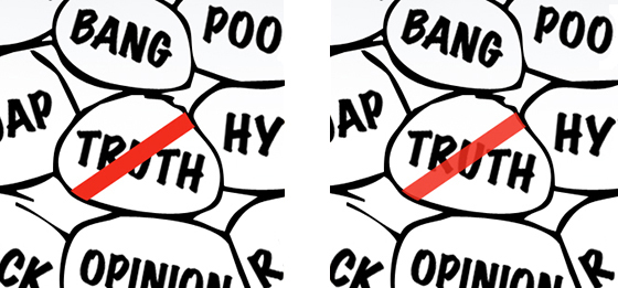 social media eggs with red slash at 100% opacity thru word truth compared to red slash at reduced 86% opacity which makes it easier to read the crossed out word