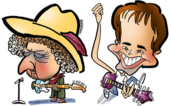 caricature of singer Bob Dylan and television talk show host, comedian, and singer Jimmy Fallon