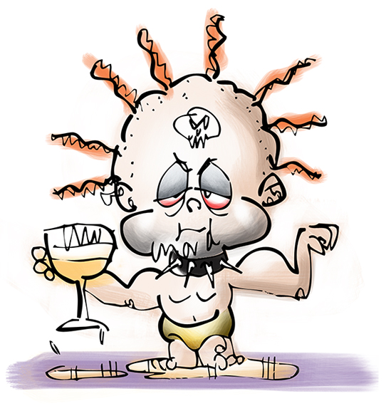 illustration showing nasty looking baby with punk dreadlocks hairdo, skull tattoo, spike collar, flexing muscles, drinking glass of beer, wearing badly soiled diaper, and standing in puddle