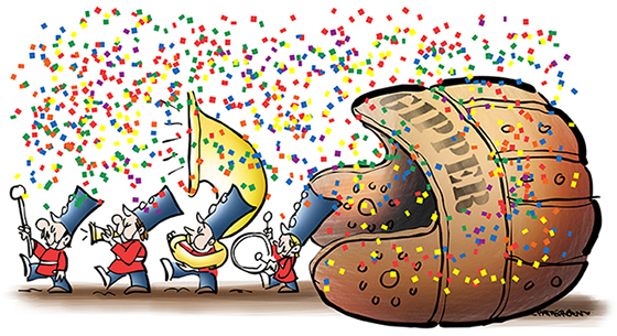 illustration for essay on Americana and Ronald Reagan showing marching band in swirl of confetti coming out of old-fashioned football helmet with name Gipper stenciled on it