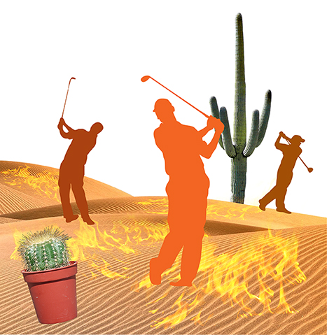 first stage of photo-illustration titled Got Hydration? showing three silhouette golfers melting in desert on flaming burning sand surrounding by cactus, wicked witch hat puddle, and rusty water pump, being watched by giant buzzard or vulture