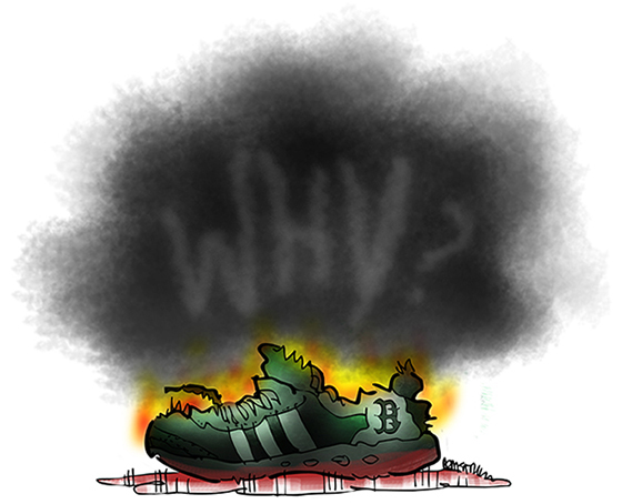 Boston Marathon bombing illustration, running shoe in pool of blood, smoldering flames and black smoke, WHY text in smoke asking motives behind terrorist act tragedy