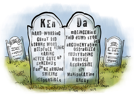 double-sided gravestone with positive traits of deceased on one side, negative traits and bad habits on other to illustrate people are complex mix of good and bad, hard to know truth, complete picture, true personality after death