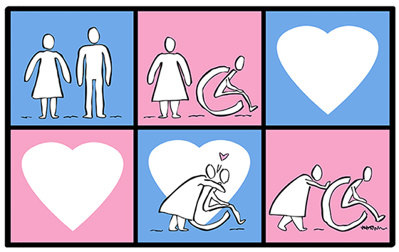 handicap symbols showing progression from good health to handicapped condition in marriage, spouse becoming elderly caregiver, love persisting in sickness and in health