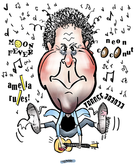 caricature of songwriter and playwright Michael Mike Cohen, guitarist for Fuzzy Logic Band, has written musicals Neon Coconut, Moon Fever, Transference, Amelia Rules