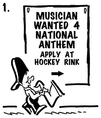 street musician Busker with saxophone walks past sign saying musician needed to play national anthem at hockey rink