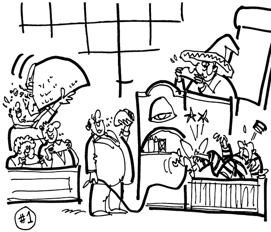 rough sketch for lawsuit involving prison inmate who sued Taco Bell for allegedly stealing his idea for taco shells made out of Doritos chips, Taco Bell mascot dog biting prisoner's leg, everyone eating tacos