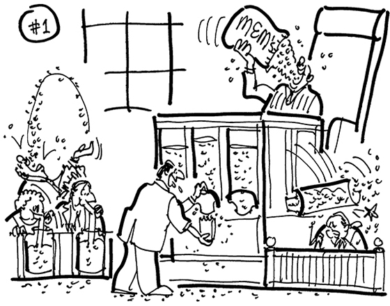 rough sketch showing woman in courtroom being hit in head by falling tube of M&M candies while judge, jury, lawyer all eat M&Ms