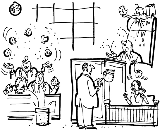 cartoon illustration about lawsuit filed after hospital took woman's newborn baby away because she failed drug test because she'd eaten poppy seed bagel which caused a false positive on drug test, jury spitting poppy seeds in beaker of urine