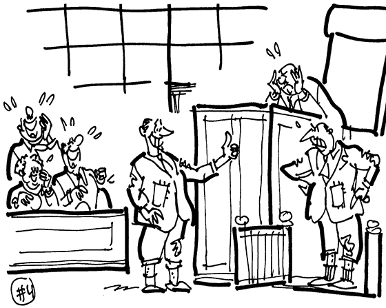cartoon illustration man sued Brooks Brothers for giving him wrong suit and not allowing him to return wrong item, lawyer wearing lousy suit giving thumbs-up to witness who is also wearing bad suit