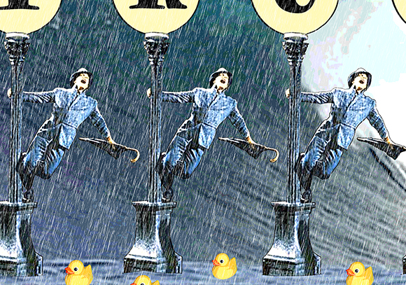detail image for parody of Singing In The Rain movie with Gene Kelly on lamppost, surfer catching wave, and rubber ducks to show importance of trust in business