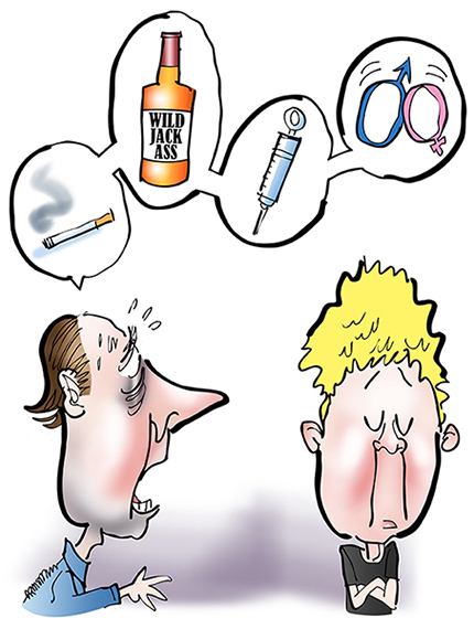 father asking teenage son about behaviors smoking drinking drugs sex, with word balloons showing cigarette whiskey bottle hypodermic syringe male female symbols