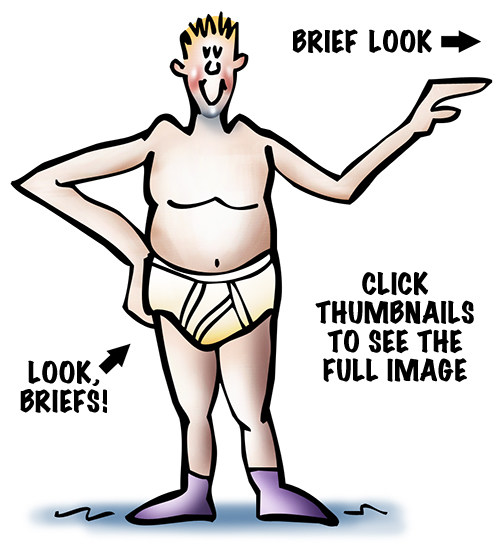 cartoon guy wearing dirty stained briefs underwear and purple socks and pointing with his finger