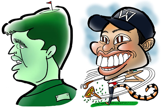 caricatures of golfers Phil Mickelson and Tiger Woods