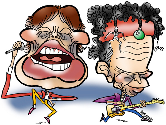 caricatures of Mick Jagger and Keith Richards, singer and guitarist respectively in the rock band The Rolling Stones
