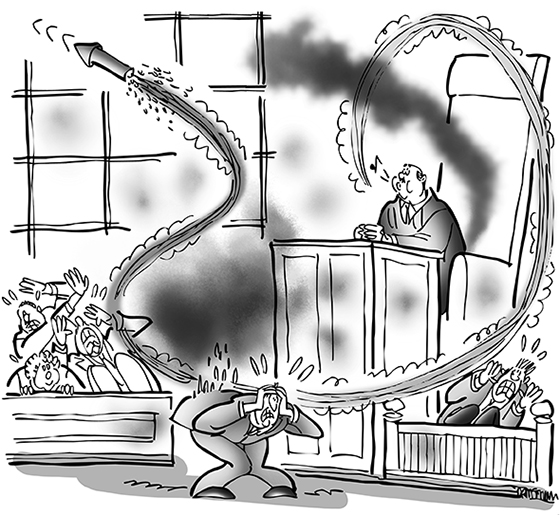 strange lawsuit cartoon case involving college fraternity member who fired bottle rocket out of his buttocks, witness and jury ducking as rocket whizzes by, setting lawyer's coat on fire