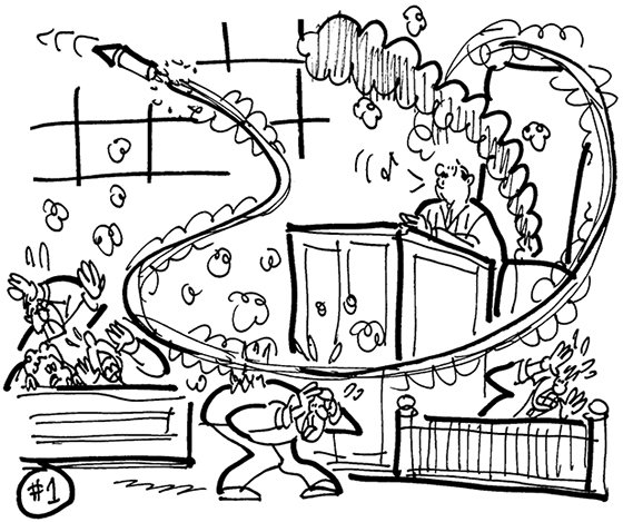 rough sketch for strange lawsuit cartoon case involving college fraternity member who fired bottle rocket out of his buttocks, witness and jury ducking as rocket whizzes by, setting lawyer's coat on fire