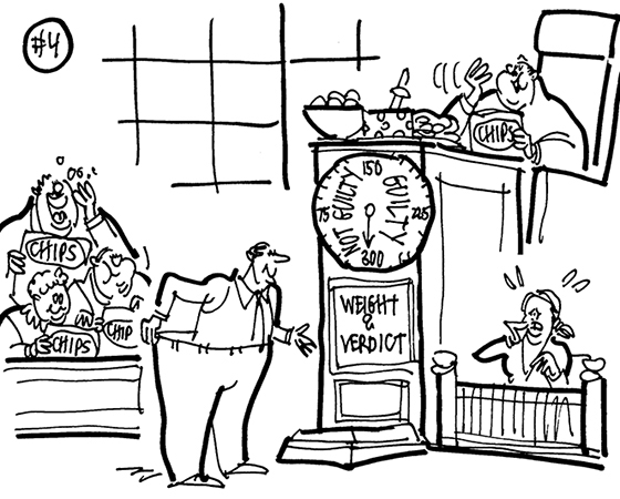 strange lawsuit cartoon, case involving Biggest Loser tv contestant who gained back weight after agreeing to do commercials for kickboxing site, lawyer challenging her to get on scales in court to determine her guilt or innocence