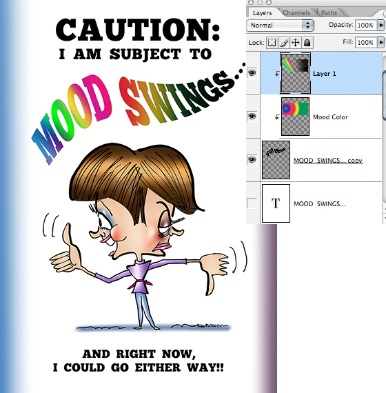 using second clipped layer to enhance color effects on first clipped layer for Caution I'm subject to mood swings two-faced woman with smile frown giving both thumbs-up and thumbs-down