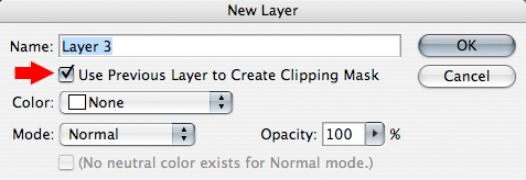 Photoshop New Layer Window check box to clip new layer to previous layer