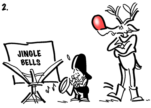 Busker the street musician using music stand playing Jingle Bells on his saxophone being watched by Rudolph the Red-Nosed Reindeer who's impatiently tapping his foot