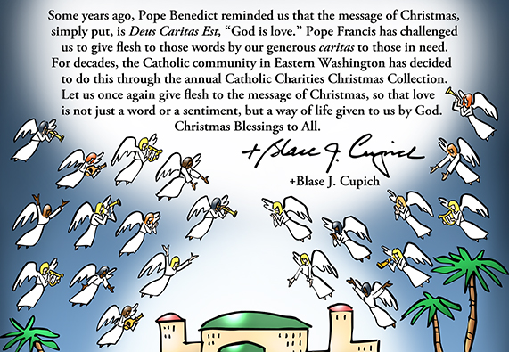 Bishop's Christmas message appearing on Spokane Inland Register Christmas cover, shepherd and sheep on plains of Bethlehem, heavenly host in sky singing praise to Christ's birth