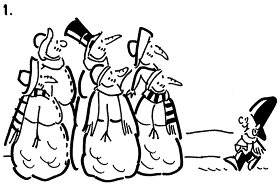 Busker the saxophone playing street musician walks toward a group of snowmen