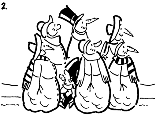 Busker the saxophone playing street musician walks through a group of snowmen