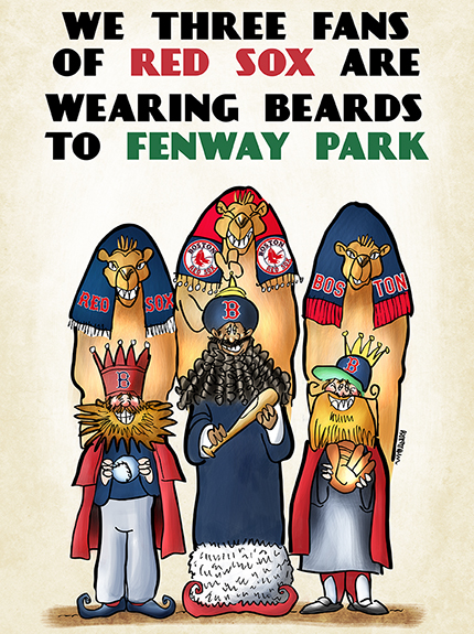 Wise Men Three Kings Epiphany parody showing three Boston Red Sox fans with beards and camels and bat ball and glove gifts headed for Fenway Park to pay homage to their bearded baseball heroes and 2013 World Series Champions