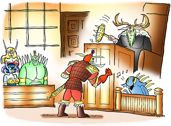 courtroom scene for lawsuit involving the online game World of Warcraft and voice and song for aquatic creature called Baby Murloc