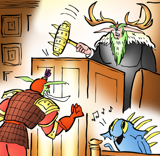 detail image for courtroom scene for lawsuit involving the online game World of Warcraft and voice and song for aquatic creature called Baby Murloc