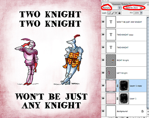 two medieval knights in armor, romantic situation, pink grunge texture added, then duplicated and mode equals multiply used to darken texture around perimeter