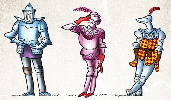 funny medieval King Arthur era knights standing wearing armor chain mail with swords spears