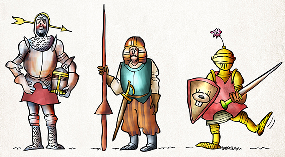 funny medieval King Arthur era knights standing wearing armor chain mail with swords spears