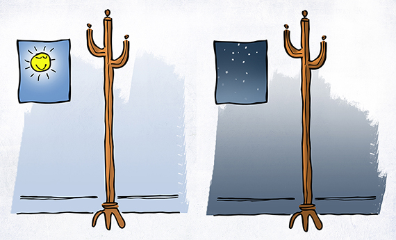 cartoon one-night stand hat stand by window day becomes night hat on stand overnight but hat gone by time sun comes up