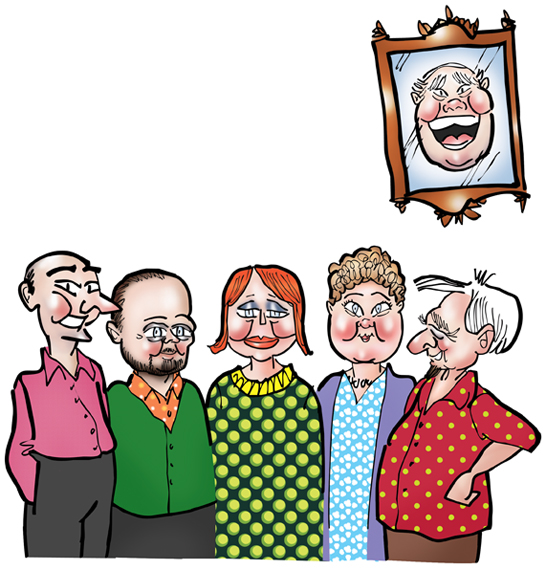 caricature artwork for theater poster Olive and the Bitter Herbs minus television set with fork and sausage