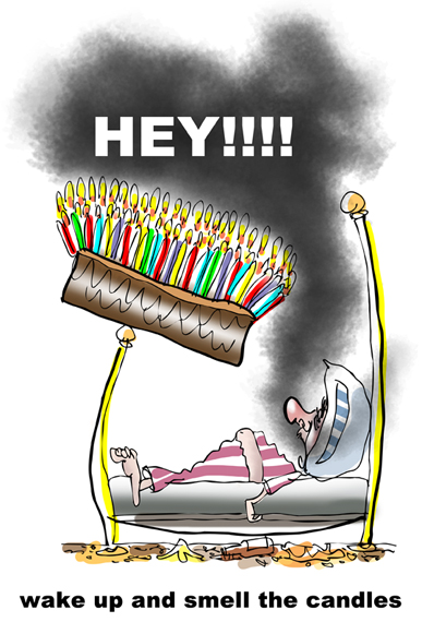 happy birthday greeting card guy sleeping in bed big cake with many lighted candles teetering on bedpost hey wake up and smell candles