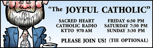 Banner for Joyful Catholic radio program, Roman Catholic Diocese of Spokane, Washington, caricature of host Eric Meisfjord wearing a Pope Francis necktie