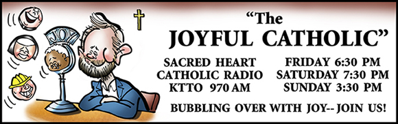 Banner for Joyful Catholic radio program, Roman Catholic Diocese of Spokane, Washington, caricature of host Eric Meisfjord using microphone as bubble wand to blow little people bubbles representing his guests on the radio program