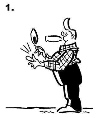 Panel 1 of Busker the Street Musician 4th of July comic strip, guy lighting cigar, throws match away, match lands on fuse leading to huge armful of fireworks being carried away from fireworks outlet store by Busker