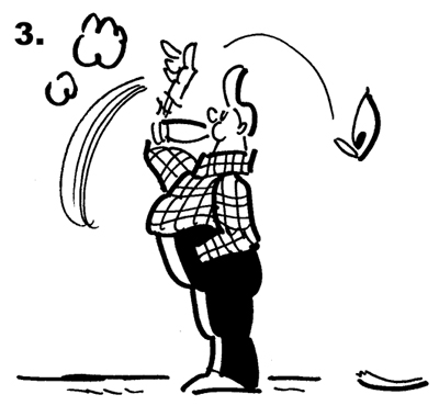 Panel 3 of Busker the Street Musician 4th of July comic strip, guy lighting cigar, throws match away, match lands on fuse leading to huge armful of fireworks being carried away from fireworks outlet store by Busker